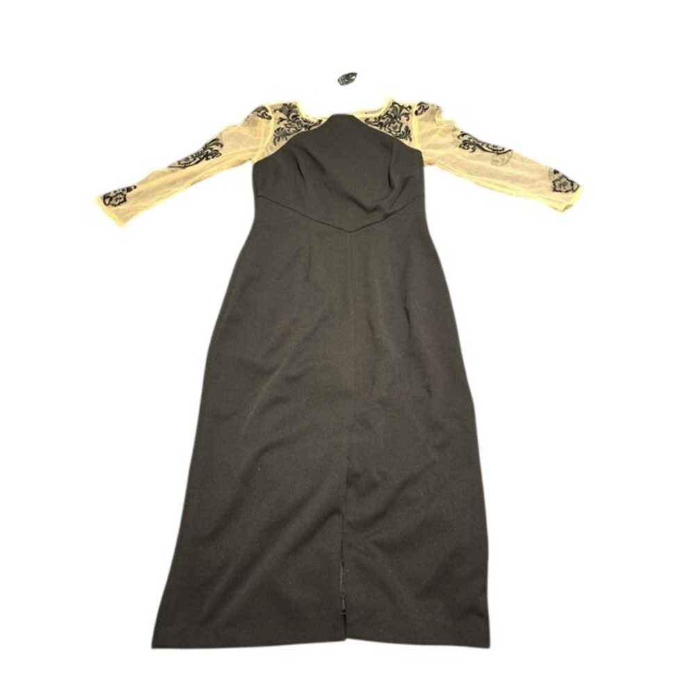 Vintage Style Black Floral Embroidered Mesh Sleeve Maxi Gown Formal Dress